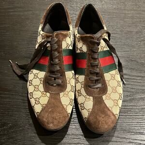 Gucci Beige GG Canvas and Brown Suede Web Detail Sneakers Size 10.5